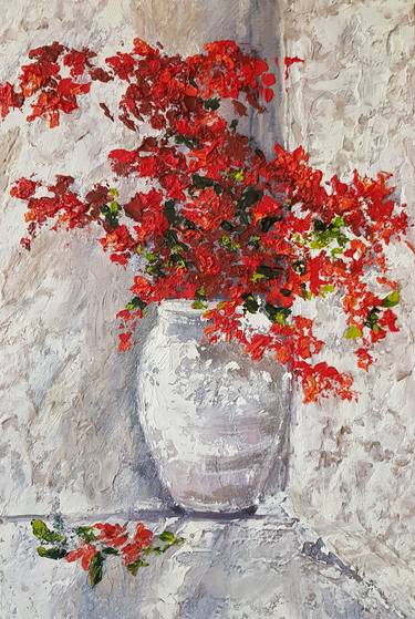 Red flowers bougainvillea.Oil painting.wall print.home decor. thumb
