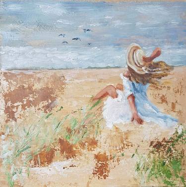 Girl in the field.girl with hat.Girl in white dress wind thumb