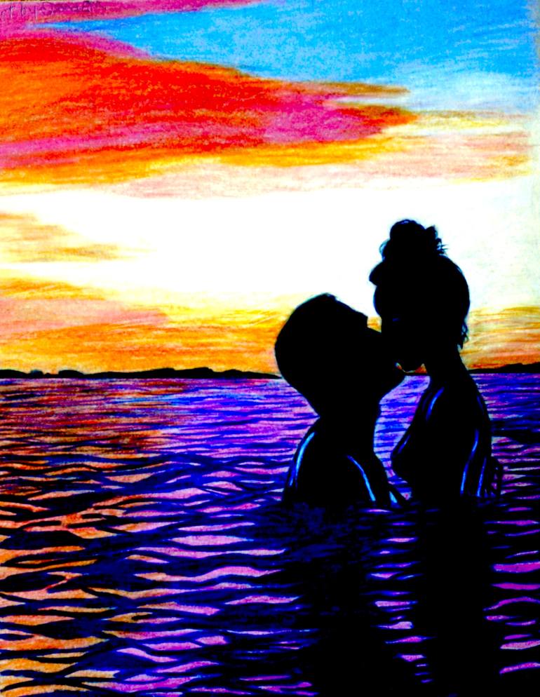 Love off the Coast art print by Dana E.M., Romantic deals Painting, Lovers Swimming, Modern, contemporary, Sunset