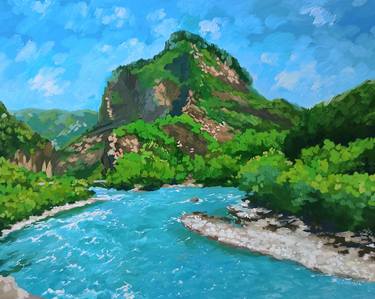 The confluence of two rivers - mountain landscape, green mountain, turquoise river, home design, office art, original oil painting thumb
