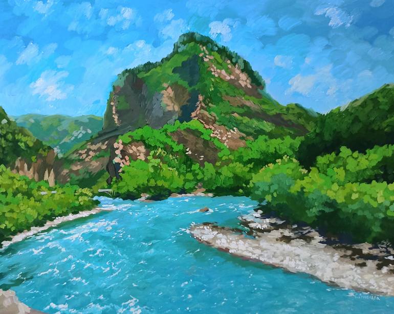 Mountain River Landscape Painting, Canvas Painting, Small Oil Painting