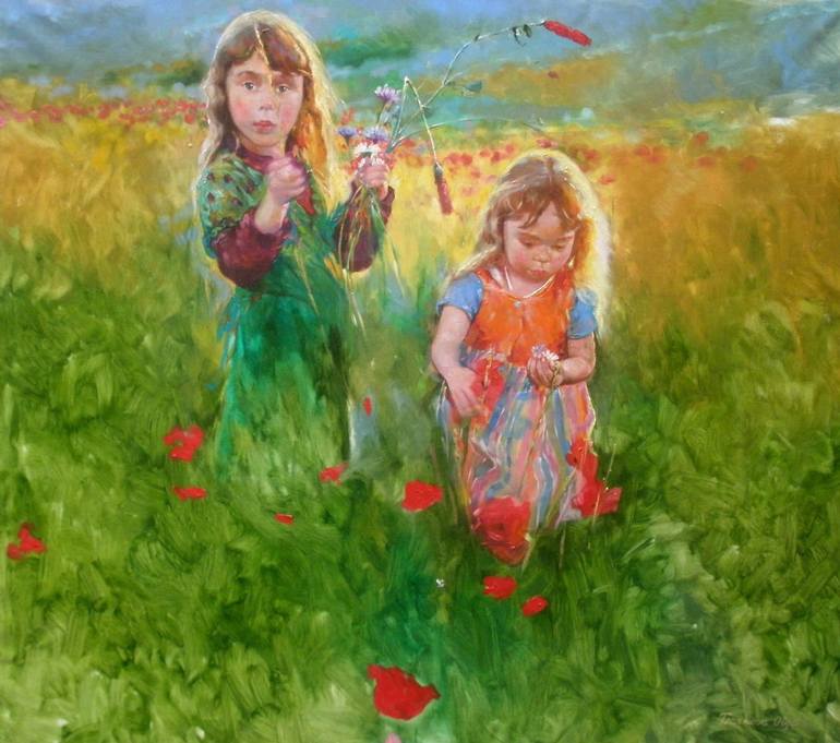 Little Girl ORIGINAL Painting, Wildflowers Girl Oil Painting, Children Room  Decor Artwork, Girl Field Flowers Art, Original Painting Framed 