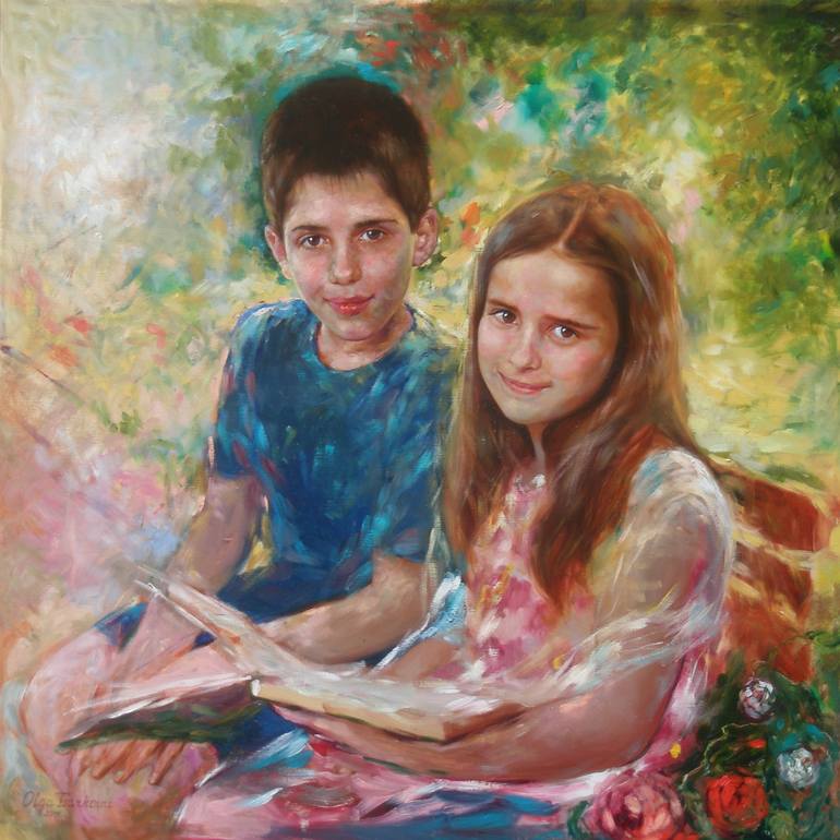 Two children sitting on the bench Painting by Olga Tsarkova | Saatchi Art