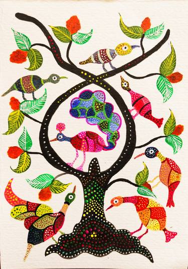 Bhil art - Colorful birds on Tree thumb