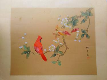(Purchased 1989) Two birds on a cherry branch Chinese ink & watercolor on silk| BSB Painting by Nikola Savic thumb