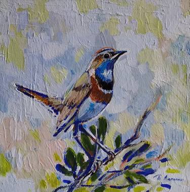 Bluethroat bird - smoll painting, framed, acril thumb