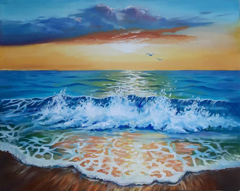 Sunrise at sea - original oil painting, realism, landscape, oil painting,  canvas, oil, nature, sea Painting by Lidiia Mishchenko