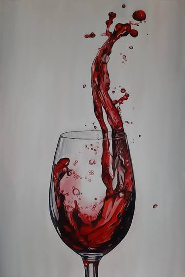 A glass of wine - original oil painting, realism, painting on canvas, glass, wine, Red wine, alcohol, drink, interior painting thumb