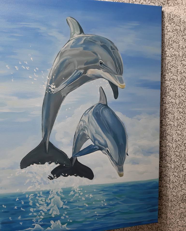 Dolphin couple - original oil painting, realism, painting on canvas ...