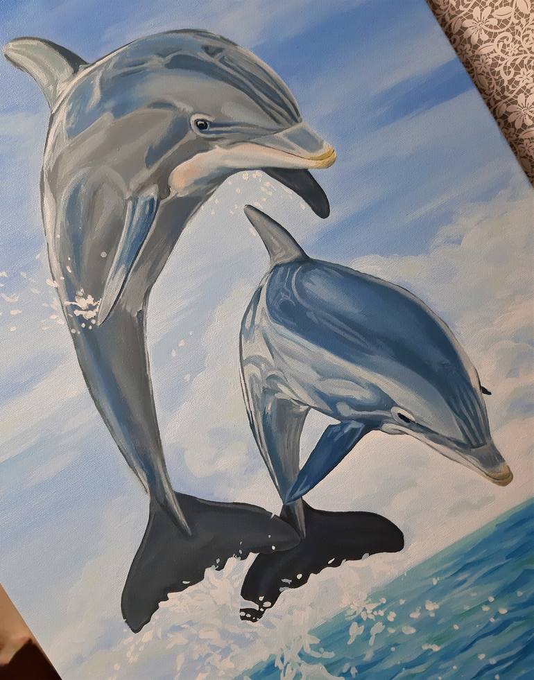 Dolphins Couple Dot Painting, Dolphinit, Painting by Olesea Arts