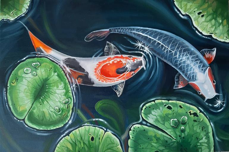 Koi carps - oil painting, realism, modern paintings, fish, pond, water,  painting on canvas, modern living, canvas, minimalism Painting by Lidiia  Mishchenko