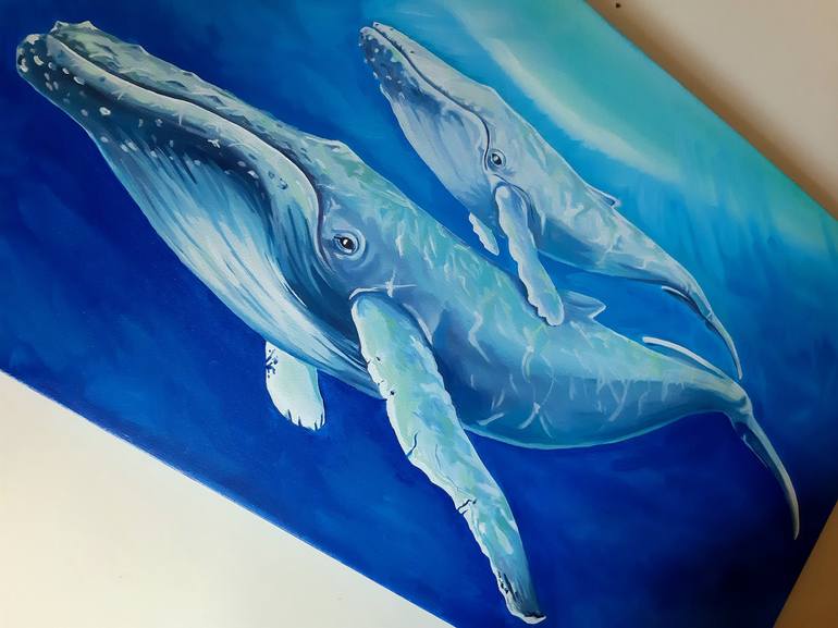 Whale family - oil painting, realism, modern paintings, animals, water ...