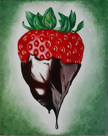 Strawberry in chocolate - original oil painting, realism, interior oil painting, oil on canvas, still life, painting on a black, strawberry thumb