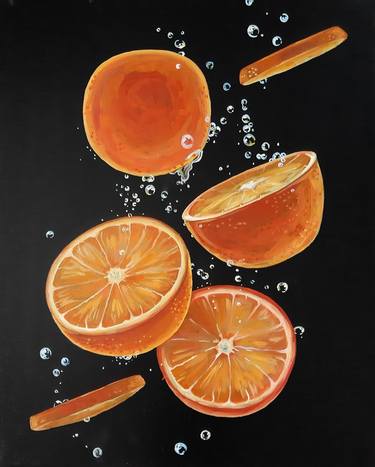 Oranges in water - original oil painting, realism, interior oil painting, oil on canvas, still life, painting on a black background, orange, lemon thumb