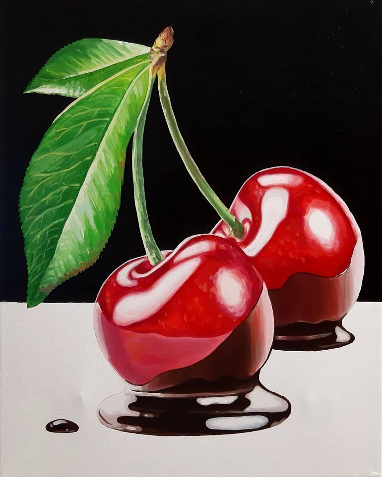 Juicy cherries - original oil painting, realism, painting on