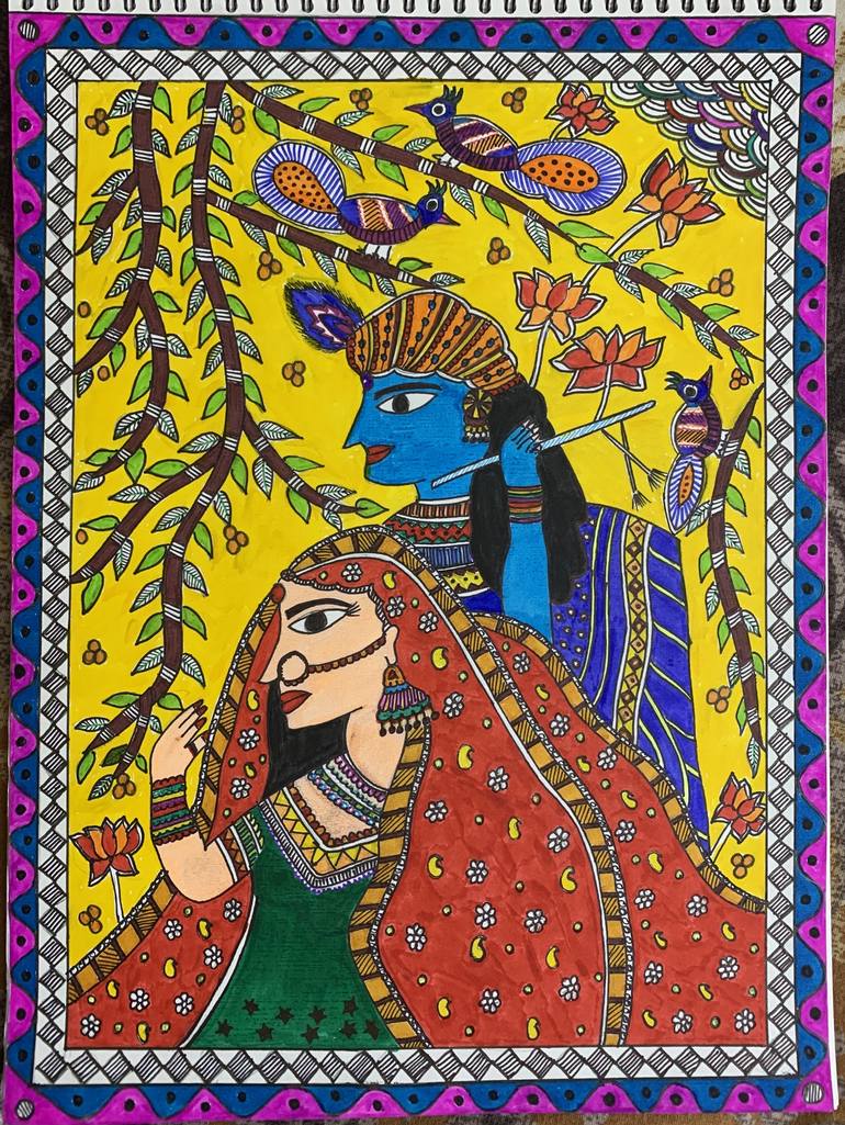 Radha krishna Madhubani painting Drawing by Radhika Mathur | Saatchi Art