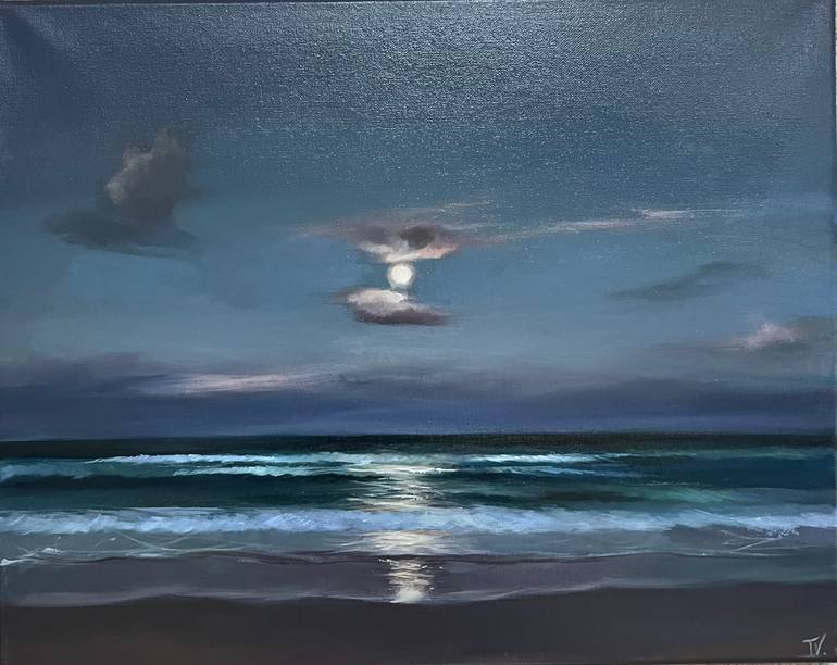 Original Seascape Painting by Toma Horchaniuk | Realism Art on Canvas | Under the moonlight