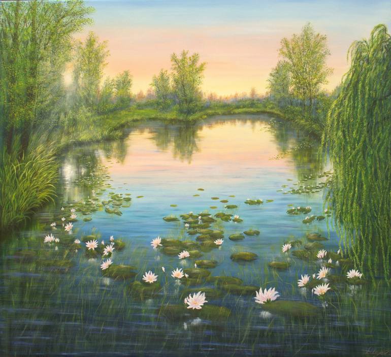 Sunrise at lily pond Painting by Ludmilla Ukrow | Saatchi Art