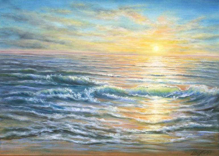 Original Ocean Painting by Ludmilla Ukrow | Contemporary Art on Canvas | Sunset at the ocean