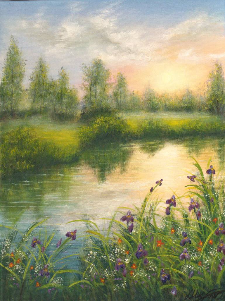 Original Landscape Painting by Ludmilla Ukrow | Contemporary Art on Canvas | Sunset at the lake