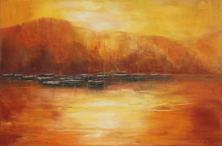 Original Seascape Painting by Ludmilla Ukrow | Modernism Art on Canvas | Port at the setting of the sun