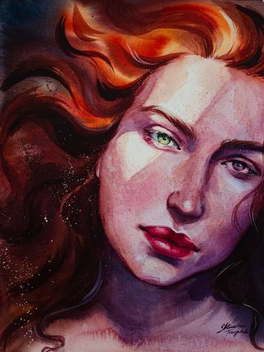 Redhead girl - Watercolor woman portrait thumb
