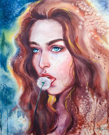 Dandelion - Redhead beautiful woman painting, watercolor portrait thumb