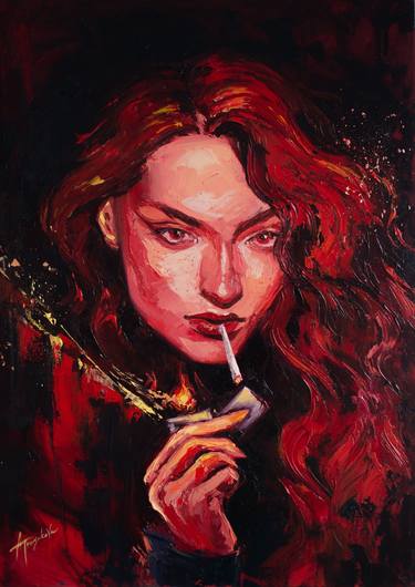 "Girl in red", Redhead woman portrait with cigarette thumb