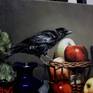 The painting represents the transience of life. October is the month that inspired me to create this still life. The motifs of cats, crows and flies are animals associated with death. Specifically, the cat is one of the largest predators that plays with its prey, the crow often feeds on dead corpses, and the fly is a carrier of infection. All this is placed between a fruit and a closed box whose contents are unknown. The painting is painted in a slightly darker ambience with light coming from the right.