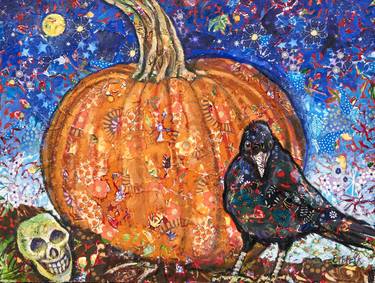 Pumpkin, Crow, and Skull under a Full Moon thumb
