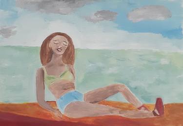 Girl near the sea (original oil painting on paper) thumb