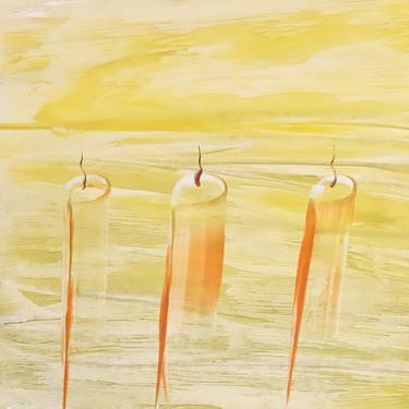 3 candles on a yellow background (original hot wax painting on paper) thumb