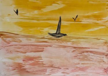 Seascape and sailboat (original hot wax painting on paper) thumb