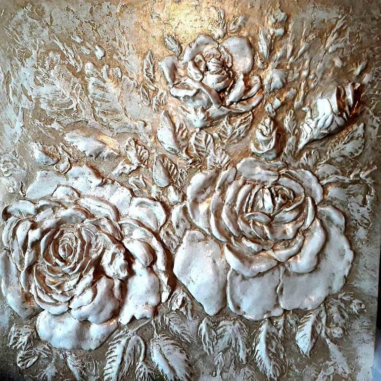 White roses in a Golden glow Painting by Galina Abysheva | Saatchi Art