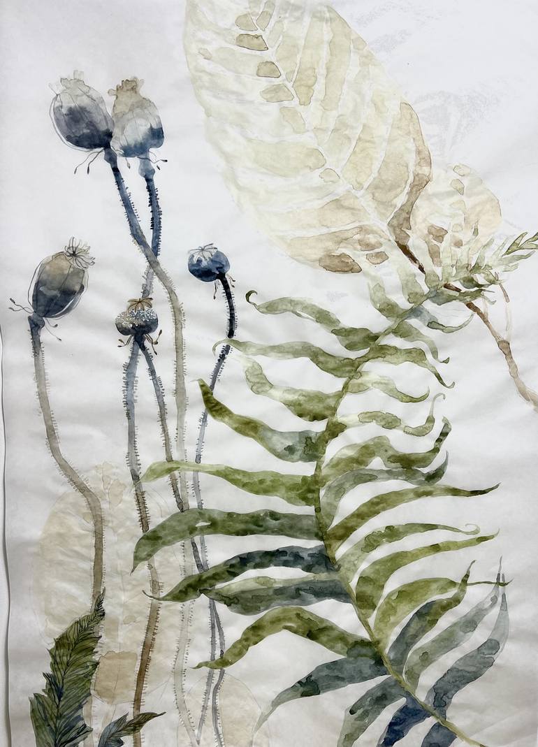 Experimental with dried plants (2021) botanic, watercolor, fine art,  original watercolor painting, poppies seeds, decoration home, wall art,  flowers and plants, nature Painting by Alisa Diakova