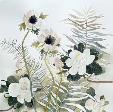Anemones (2022) original watercolor painting, floral art, boho style, nude colors, wall art , fresh art, modern, contemporary art, for home, for bedroom, for living-room, for present, nature, flowers, bloom thumb