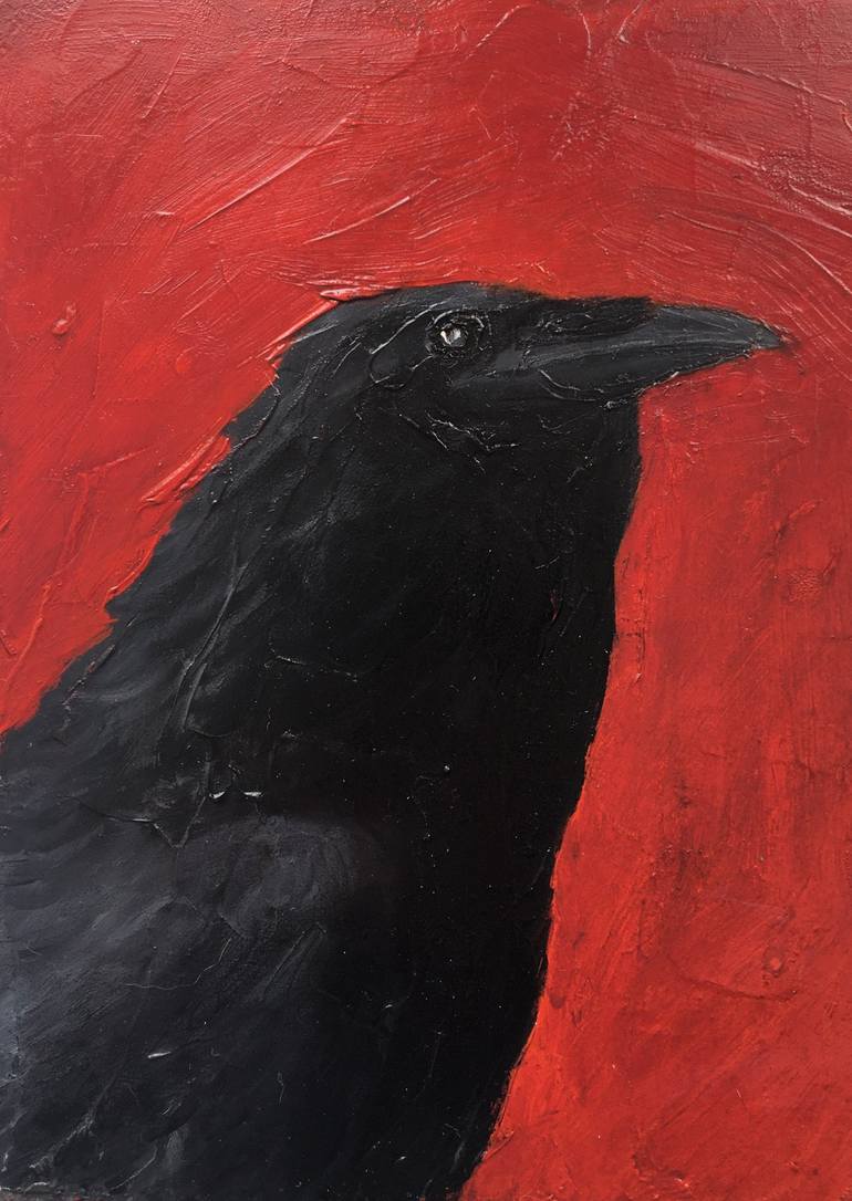 Raven with red background Painting by Ian Langham | Saatchi Art