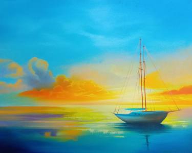 Boat Painting in oil colors fishing boat sun set landscape thumb