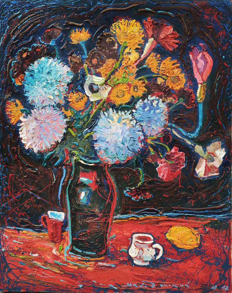 Flowers in a black jug Painting by Pavlo Makedonskyi | Saatchi Art
