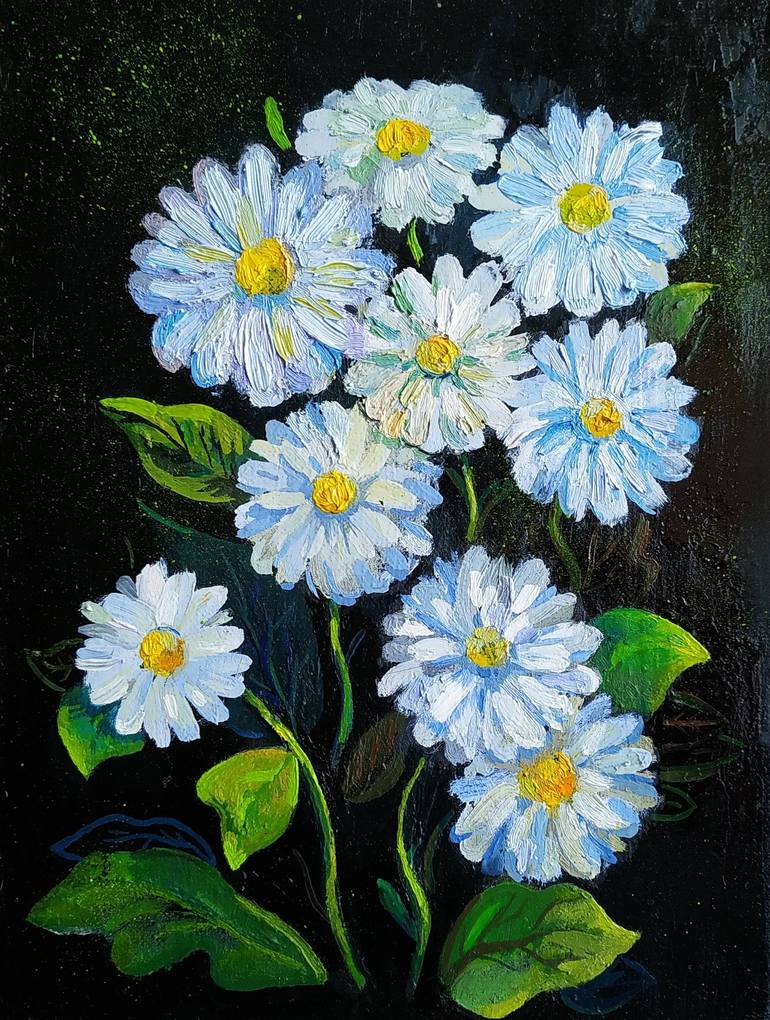 Daisies on a black background Painting by Anastasiya