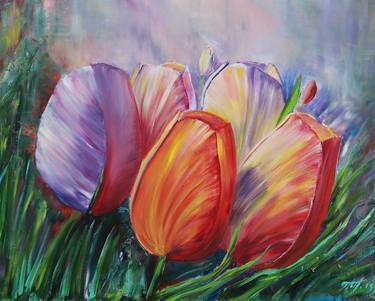 7 TULIPS - Original spring present of true painting of 7 colorful tulips thumb