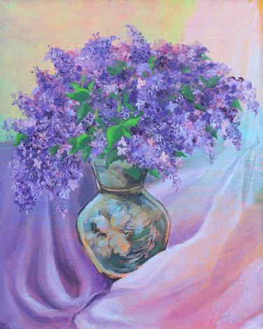 LILAC - Original oil painting of true still life of bouquet of violet lilac flowers in impressionism art style interior decor wall art ideas thumb
