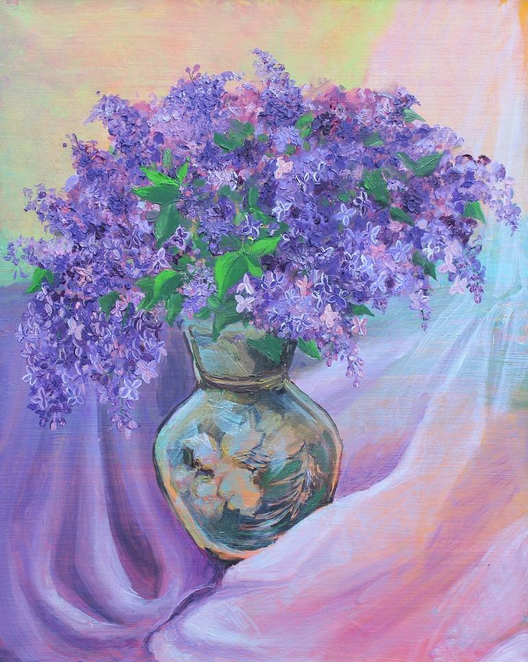 LILAC - Original oil painting of true still life of bouquet of violet ...