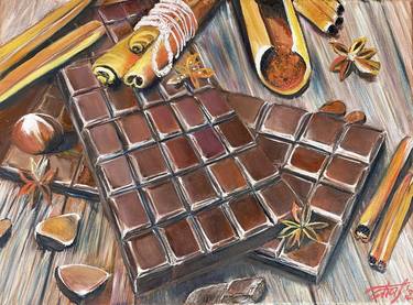 Still life with chocolate, cinnamon and star anise - original oil painting of tasty chocolate, cinnamon and anise star in light brown colors for home decor interior wallart thumb