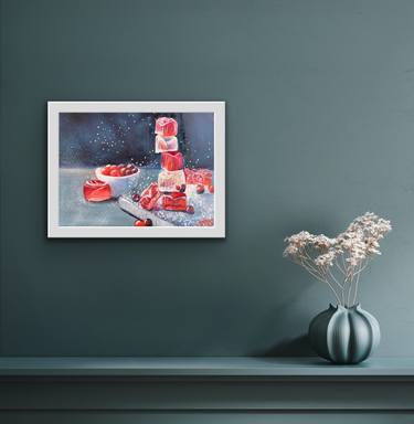 Marmalade, cranberries and sugar powder- original oil painting of red and white gummies for decor interior for Xmas thumb