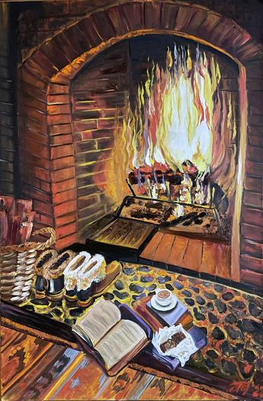 Cozy evening- original oil painting on a linen canvas of fireplace with the basket of the woods winter shoes books cup of coffee and bar of chocolate on a paper thumb