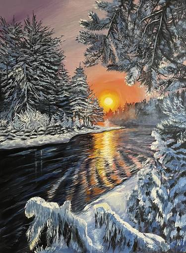 River in winter- original oil painting of winter season and river on a shore in a forest with white trees and reflection on the water thumb