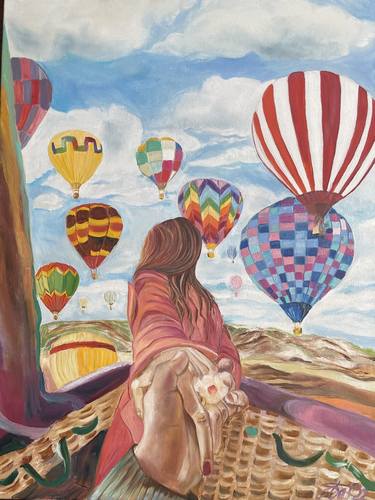 LOVE IS in the air - original oil painting of couple in TRUE love in a balloon thumb