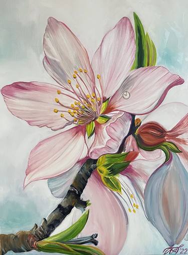 Peach flower - original peach flower painting  with pink petals on a on a turquoise background gift for interior decor thumb
