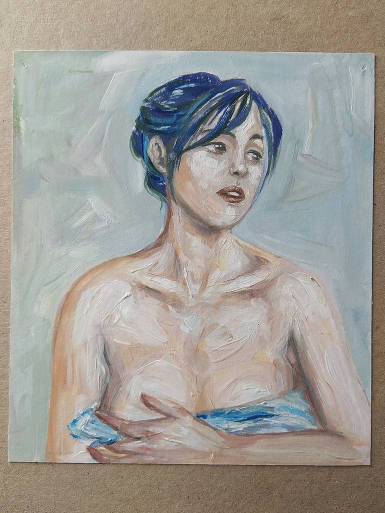 Mother in the early morning. The girl looks into the distance. Blue  background, the fabric covers the naked body of a young woman. Painting by  Mary Saint | Saatchi Art